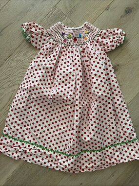 Girls White & Red Polka Dot Smocked Dress with smocked Christmas string lights